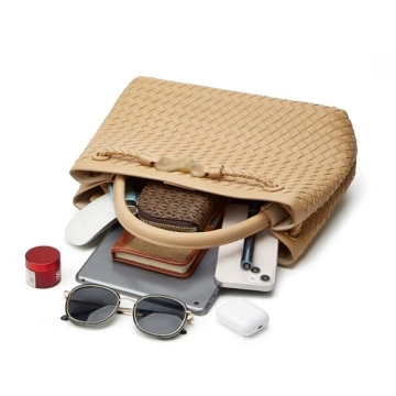 Woven Bag for Women Shoulder Purse: Vegan Leather Handbag - Handmade Tote Bag - Elegant Satchel Bag with Bowknot (Large, Apricot)