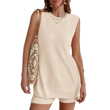 NENONA Women's Summer Sleeveless Sweater Sets Casual Knit Tunic Tops and Shorts 2 Piece Outfits,Beig...