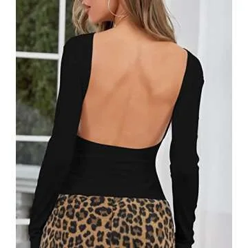 ForeFair Women Sexy Long Sleeve Backless Top Slim Fit Open Back Shirt Crewneck Cutout Casual Y2K Tshirt(Black,M)