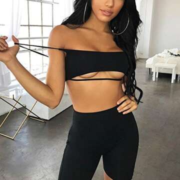 LuFeng Women's Suit Two Pieces Set Sexy Sleeveless Strapless Crop Top and Shorts Set Black S