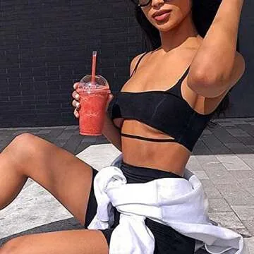 LuFeng Women's Suit Two Pieces Set Sexy Sleeveless Strapless Crop Top and Shorts Set Black S