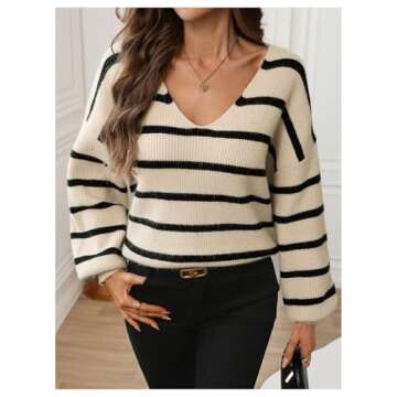 GORGLITTER Women's Bow Tie Back Sweater Striped Long Sleeve Backless V Neck Sweaters Pullover Tops K...