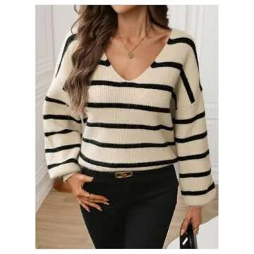 GORGLITTER Women's Bow Tie Back Sweater Striped Long Sleeve Backless V Neck Sweaters Pullover Tops K...