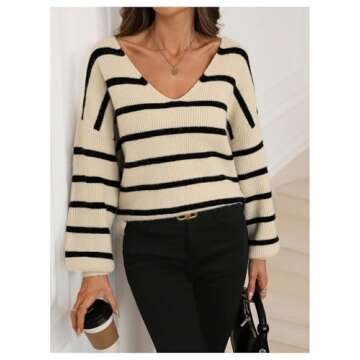 GORGLITTER Women's Bow Tie Back Sweater Striped Long Sleeve Backless V Neck Sweaters Pullover Tops Khaki Small