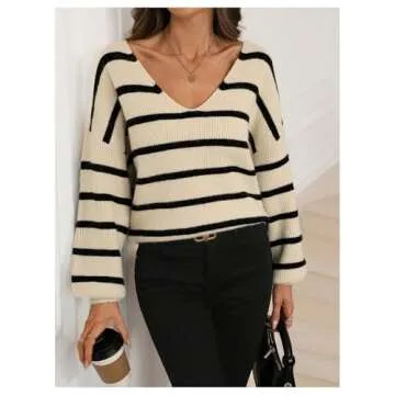 GORGLITTER Women's Bow Tie Back Sweater Striped Long Sleeve Backless V Neck Sweaters Pullover Tops Khaki Small