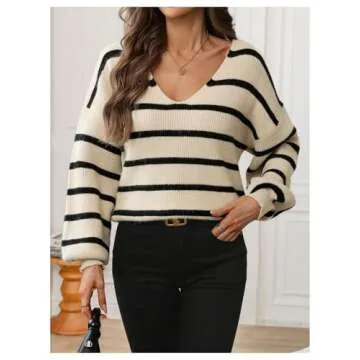 GORGLITTER Women's Bow Tie Back Sweater Striped Long Sleeve Backless V Neck Sweaters Pullover Tops Khaki Small