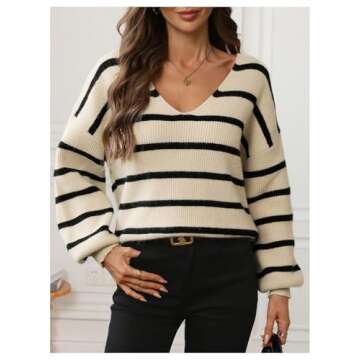 GORGLITTER Women's Bow Tie Back Sweater Striped Long Sleeve Backless V Neck Sweaters Pullover Tops Khaki Small