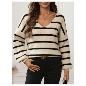 GORGLITTER Women's Bow Tie Back Sweater Striped Long Sleeve Backless V Neck Sweaters Pullover Tops Khaki Small