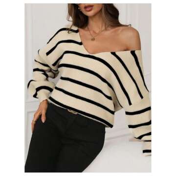 GORGLITTER Women's Bow Tie Back Sweater Striped Long Sleeve Backless V Neck Sweaters Pullover Tops Khaki Small