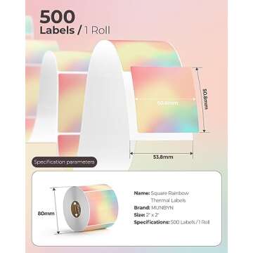MUNBYN 2x2 Thermal Sticker Labels, Rainbow Color Square Thermal Labels for Small Business, Logo Desi...