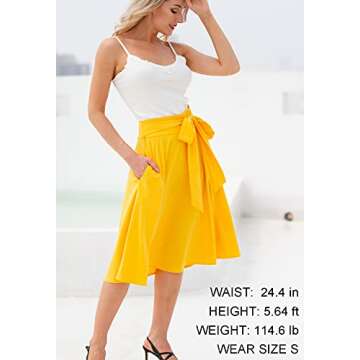 High Waist Flared Skirt Pleated Midi Skirt with Pocket Yellow Size XL