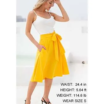 High Waist Flared Skirt Pleated Midi Skirt with Pocket Yellow Size XL