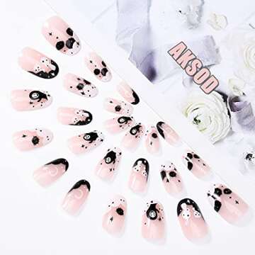 Aksod Ghost Press on Nails Short Glossy Virus Fake Nails Almond Cartoon Designed False Nails Tips Full Cover Cute Halloween Easter Festival Artificial Nails Sets for Women and Gilrs 24Pcs (Style G)