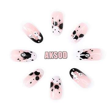 Aksod Ghost Press on Nails Short Glossy Virus Fake Nails Almond Cartoon Designed False Nails Tips Full Cover Cute Halloween Easter Festival Artificial Nails Sets for Women and Gilrs 24Pcs (Style G)