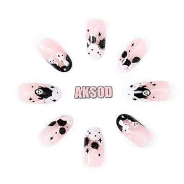 Aksod Ghost Press on Nails Short Glossy Virus Fake Nails Almond Cartoon Designed False Nails Tips Full Cover Cute Halloween Easter Festival Artificial Nails Sets for Women and Gilrs 24Pcs (Style G)