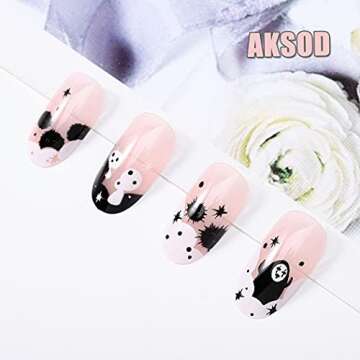 Aksod Ghost Press on Nails Short Glossy Virus Fake Nails Almond Cartoon Designed False Nails Tips Full Cover Cute Halloween Easter Festival Artificial Nails Sets for Women and Gilrs 24Pcs (Style G)