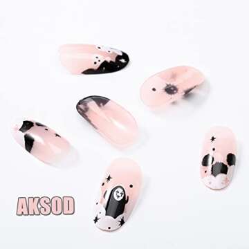 Aksod Ghost Press on Nails Short Glossy Virus Fake Nails Almond Cartoon Designed False Nails Tips Full Cover Cute Halloween Easter Festival Artificial Nails Sets for Women and Gilrs 24Pcs (Style G)