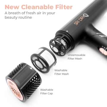 Skin Research Institute DryQ “Smart” Hair Dryer - Super Lightweight, Foldable - Powerful, Quiet Motor - Infrared and Ionic Technology - 3 Magnetic Attachments - Heat Control with Locking Switch