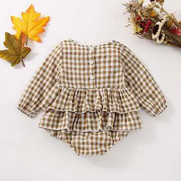 Douhoow Infant Baby Girl Floral Romper Baby Sweatshirt Ruffle Festival Clothes Fall Winter Outfits with Headband (Plaid beige, 6-12 Months)