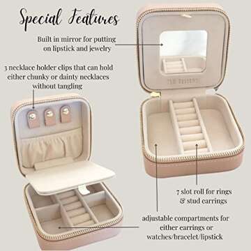 YSM Designs Travel Jewelry Organizer Box, Travel Jewelry Case | Small Jewelry Box for Women, Jewelry Travel Case | Earring Organizer Box with Mirror (Beige)