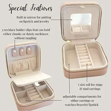 YSM Designs Travel Jewelry Organizer Box, Travel Jewelry Case | Small Jewelry Box for Women, Jewelry Travel Case | Earring Organizer Box with Mirror (Beige)