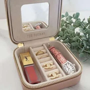 YSM Designs Travel Jewelry Organizer Box, Travel Jewelry Case | Small Jewelry Box for Women, Jewelry Travel Case | Earring Organizer Box with Mirror (Beige)