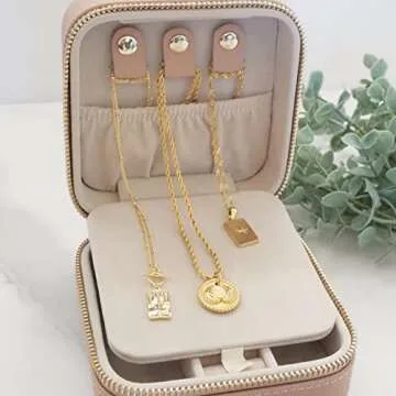 YSM Designs Travel Jewelry Organizer Box, Travel Jewelry Case | Small Jewelry Box for Women, Jewelry Travel Case | Earring Organizer Box with Mirror (Beige)