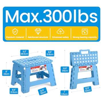 ACSTEP Folding Lightweight Plastic 9 inch Foldable Step Stool, Non Slip Folding Stools for Kitchen Bathroom Bedroom (Blue)