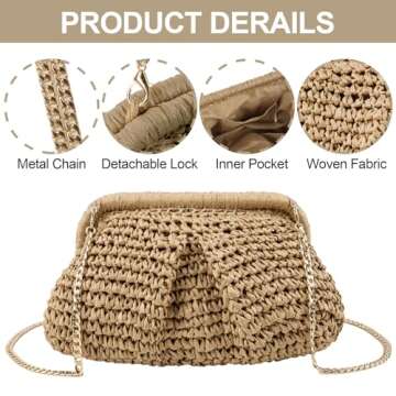 XSUIOY Straw Clutch Purse for Women Small Woven Dumpling Bag Summer Straw Beach Bag Crossbody Crochet Purses Shoulder Handbag for Women Vacation(Khaki)
