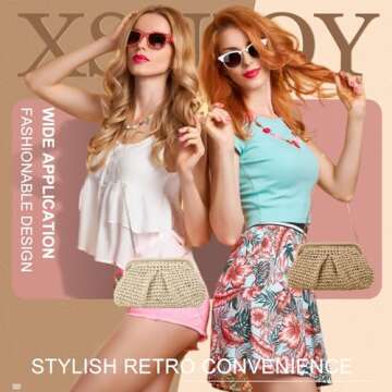 XSUIOY Straw Clutch Purse for Women Small Woven Dumpling Bag Summer Straw Beach Bag Crossbody Crochet Purses Shoulder Handbag for Women Vacation(Khaki)
