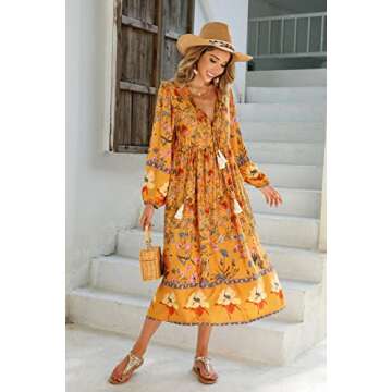 R.Vivimos Women's Long Sleeve Floral Print Retro V Neck Tassel Bohemian Midi Dresses (Small, Goldenrod)
