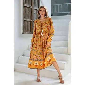 R.Vivimos Women's Long Sleeve Floral Print Retro V Neck Tassel Bohemian Midi Dresses (Small, Goldenrod)