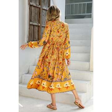 R.Vivimos Women's Long Sleeve Floral Print Retro V Neck Tassel Bohemian Midi Dresses (Small, Goldenrod)
