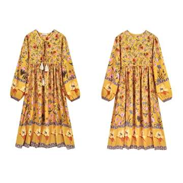R.Vivimos Women's Long Sleeve Floral Print Retro V Neck Tassel Bohemian Midi Dresses (Small, Goldenrod)