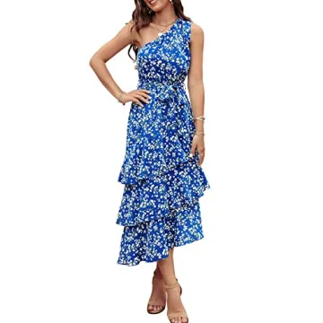 PRETTYGARDEN Women's Summer Floral Sundress Casual One Shoulder Tiered Ruffle Flowy Midi Beach Boho ...