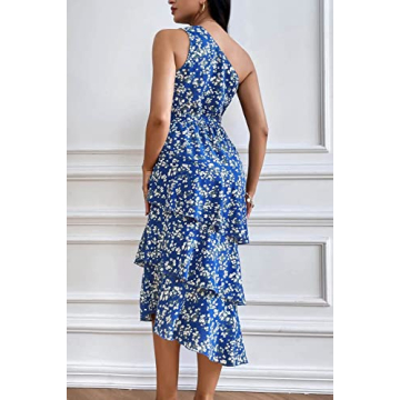 PRETTYGARDEN Women's Summer Floral Sundress Casual One Shoulder Tiered Ruffle Flowy Midi Beach Boho Dresses (Floral Royal Blue White,Large)