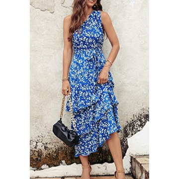 PRETTYGARDEN Women's Summer Floral Sundress Casual One Shoulder Tiered Ruffle Flowy Midi Beach Boho Dresses (Floral Royal Blue White,Large)