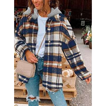 SHEWIN Women's Casual Plaid Hooded Flannel Shacket Jacket - Stylish, Versatile, and Warm!