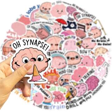Funny Brain Stickers for Kids,Teens,Adults, 50PCS Cute Cartoon Brain Stickers Bulk,Vinyl Waterproof Mental Stickers for Water Bottle,Laptop,Phone,Scrapbook,Body Organ Biology Decals