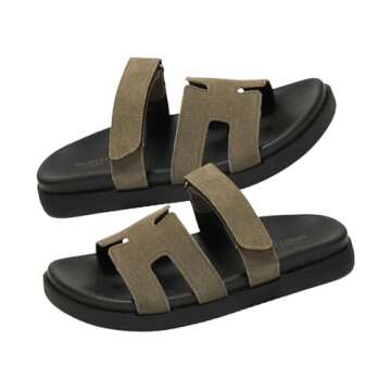 Project Cloud 100% Genuine Leather Womens Sandals - Memory Foam Slip on Sandals Women Footwear - Womens Fashion Platform Sandals Comfy Mules for Woman with Cut-Out Details Sandals (Mayven, Olive, 8)