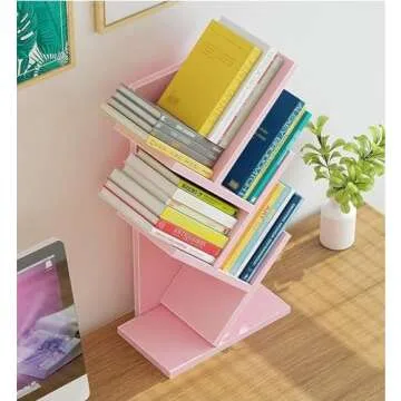 Tree Bookshelf,4-Layer Floor Standing,The Desktop Bookshelf Can Hold Books,Magazines,CDs and Photo Albums,Office Storage Rack,Pink