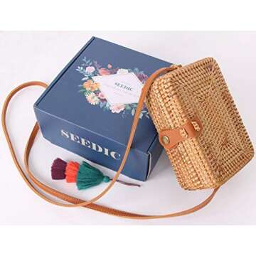Handwoven Rattan Bag Straw Bag for Women Boho Wicker Purse Straw Crossbody Bag