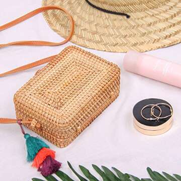 Handwoven Rattan Bag Straw Bag for Women Boho Wicker Purse Straw Crossbody Bag