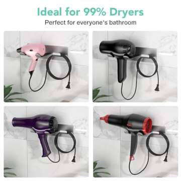 BelleJoomu Hair Dryer Holder Wall Mount Compatible with Dyson Hair Dryer, 304 Stainless Steel Hair Dryer Blow Diffuser Holder Organizer Adhesive for The Bathroom Silver