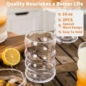 KEMORELA 2PCS Wave Bubble Beverage Glasses With Straws, 16 Oz Vintage Glass Cups, Aesthetic Iced Coffee Glasses, Ripple Glassware, Beer Glasses - Stylish Drinkware for Every Occasion