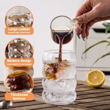 KEMORELA 2PCS Wave Bubble Beverage Glasses With Straws, 16 Oz Vintage Glass Cups, Aesthetic Iced Coffee Glasses, Ripple Glassware, Beer Glasses - Stylish Drinkware for Every Occasion