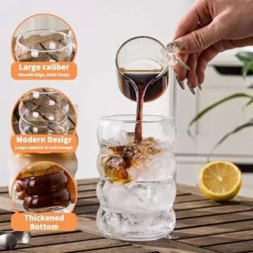 KEMORELA 2PCS Wave Bubble Beverage Glasses With Straws, 16 Oz Vintage Glass Cups, Aesthetic Iced Coffee Glasses, Ripple Glassware, Beer Glasses - Stylish Drinkware for Every Occasion