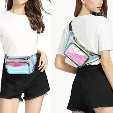 Shiny Neon Fanny Bag for Women Rave Festival Hologram Bum Travel Waist Pack (Clear Iridescent)