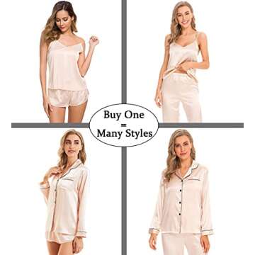 SWOMOG Women Satin Pajamas 4pcs Pajama Set Sexy Cami Shorts Set and Button Down Long Sleeve Pjs Loungewear Sleepwear Champagne,Small