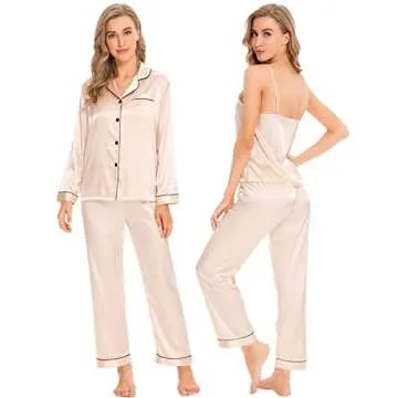 SWOMOG Women Satin Pajamas 4pcs Pajama Set Sexy Cami Shorts Set and Button Down Long Sleeve Pjs Loungewear Sleepwear Champagne,Small